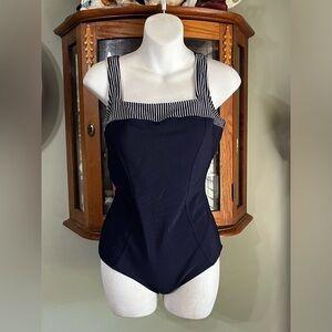 Vintage Baltex Navy Blue White Ribbed One Piece Swimsuit Size 14 C/D Cup NWOT